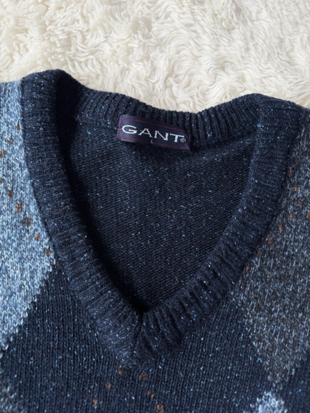 VTG 90s 80s Men Blue Wool Argyle Fisherman Pullover Sweater LARGE Retro Preppy - Picture 3 of 7